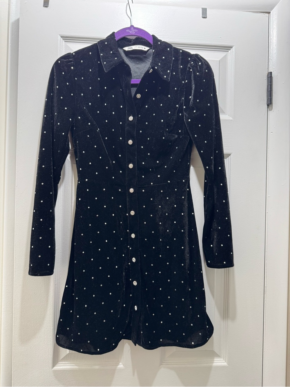 Zara Black Velvet Button-Front Dress Top with Silver Rhinestones